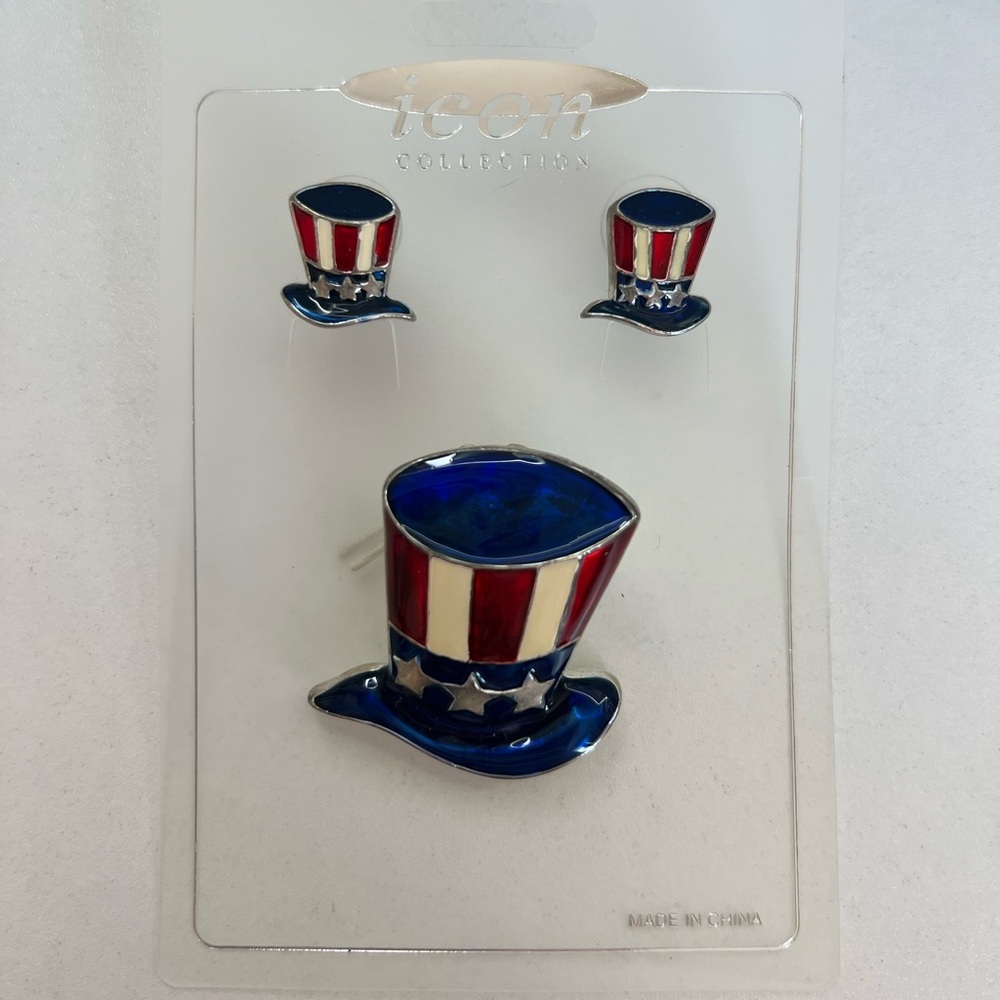 Icon Collection Patriotic Hat Brooch and Earring Set